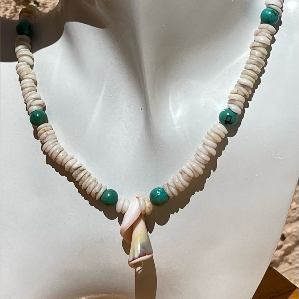 Puka Shells & Turquoise Colored Glass Bead Necklace